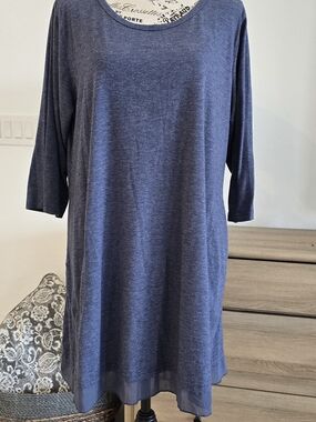 Scoop Neck Heathered Navy Tunic with Chiffon Hem